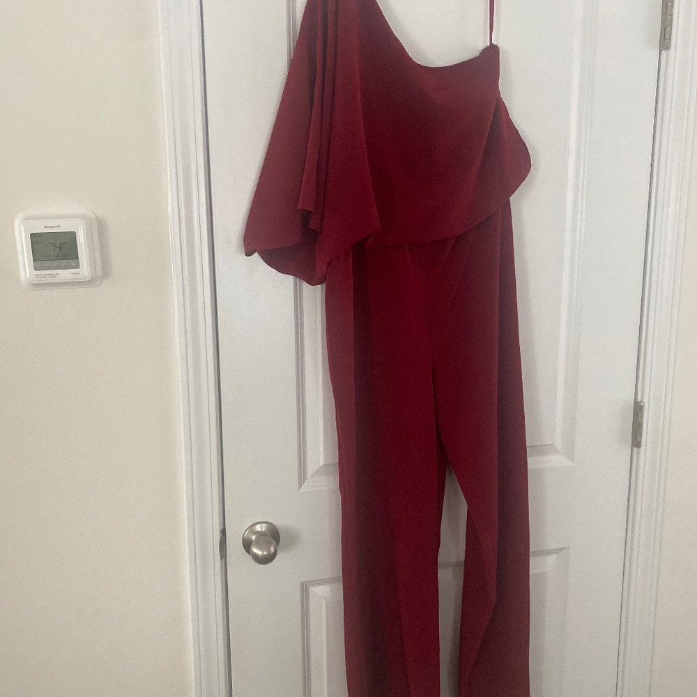 Off the shoulder burgundy pant jumpsuit